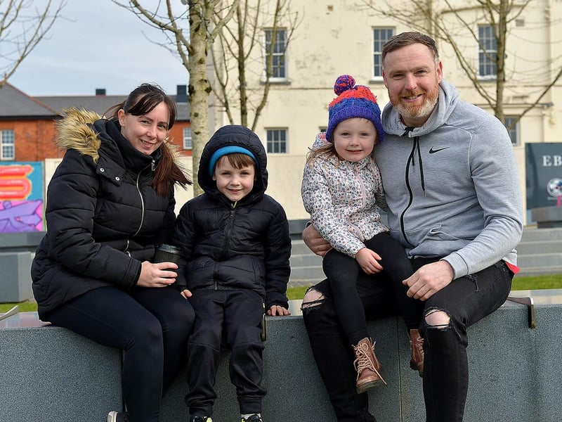 Rachel and Stuart McKeever with their children Jamie and Freya in Ebrington Square recently. DER2109GS – 016