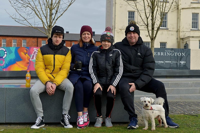 Adam, Joanna, Calum and Brian Tiernan with dog Ollie during a visit to Ebrington Square recently. Photos: George Sweeney.  DER2110GS – 003