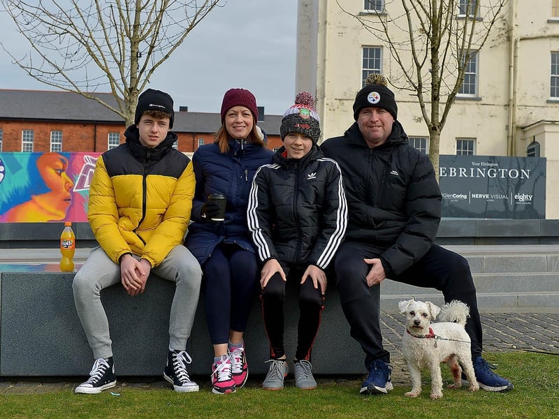 Adam, Joanna, Calum and Brian Tiernan with dog Ollie during a visit to Ebrington Square recently. Photos: George Sweeney.  DER2110GS – 003