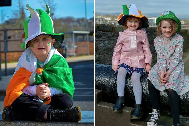 LEFT: Caleb McGrath, aged 7, pictured in Guildhall Square on St Patrick’s Day.  DER2110GS – 020 ; RIGHT: Sisters Ella and Hailey Gillen-Clarke pictured during a walk around Derry Walls on St Patrick’s Day.  DER2110GS – 025