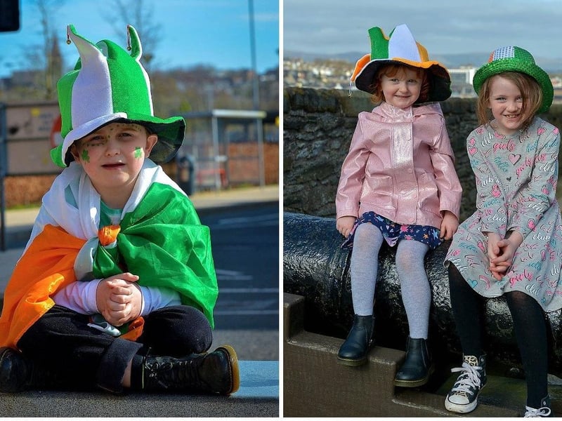 LEFT: Caleb McGrath, aged 7, pictured in Guildhall Square on St Patrick’s Day. DER2110GS – 020 ; RIGHT: Sisters Ella and Hailey Gillen-Clarke pictured during a walk around Derry Walls on St Patrick’s Day. DER2110GS – 025