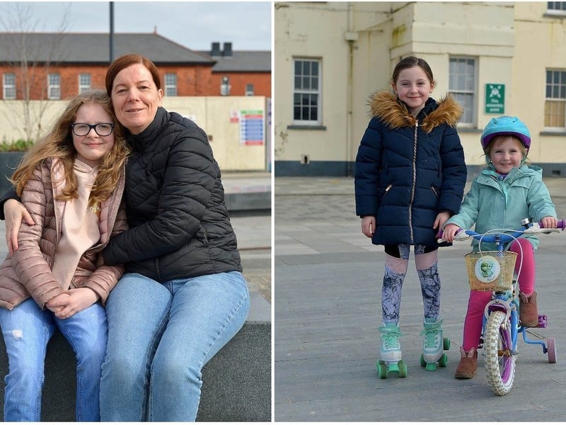 LEFT: Grace McClintock and Alison Wallace pictured during a visit to Ebrington Square recently. DER2110GS – 002 ; RIGHT: Jenny McGeady, aged 6, gets some exercise with her sister Grace (4) in Ebrington Square recently. DER2110GS-005