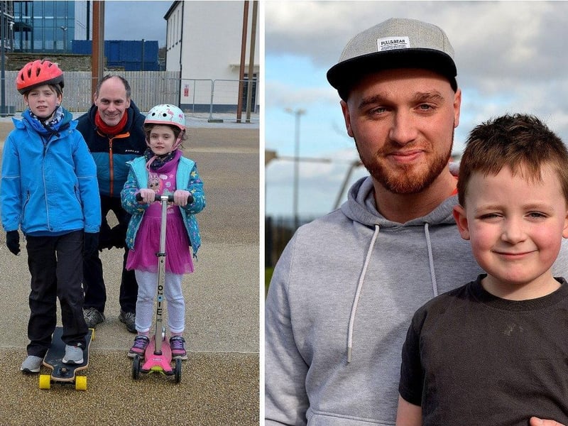 LEFT: Paul, Ben and Anna Farry enjoy some exercise in Ebrington Square recently. DER2106GS – 001
; RIGHT: Five-year-old Jackson Boyle and his dad Adam enjoy the sun in Bishop’s Field play park recently. DER2108GS – 003