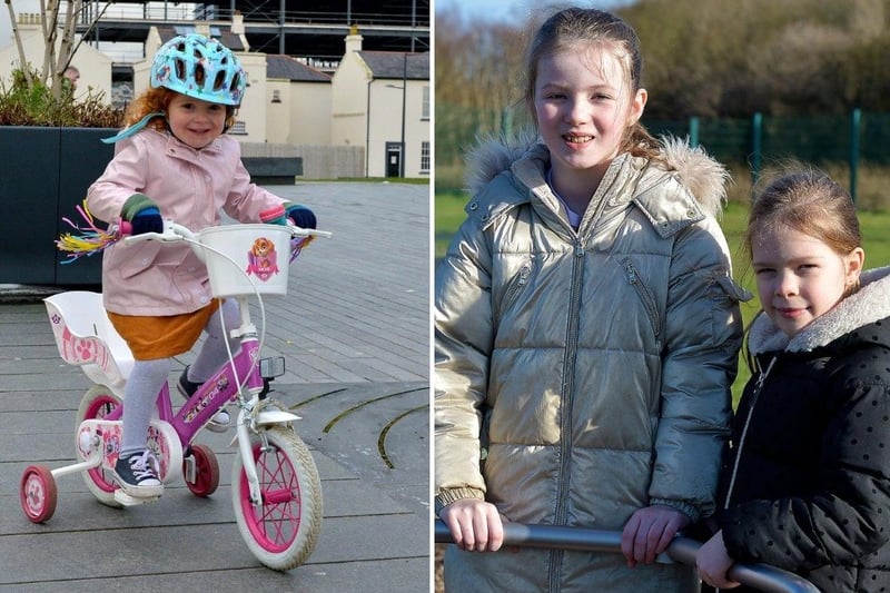 LEFT: Amber Rose McKinney pictured having fun in Ebrington Square at the weekend. Photo: George Sweeney / Derry Journal, DER2106GS-004 ; RIGHT: Katie Francis Lynott, aged 8, and Fiadh Morrison (6) were at the Ballyarrnet Country Park recently.  DER2108GS – 012