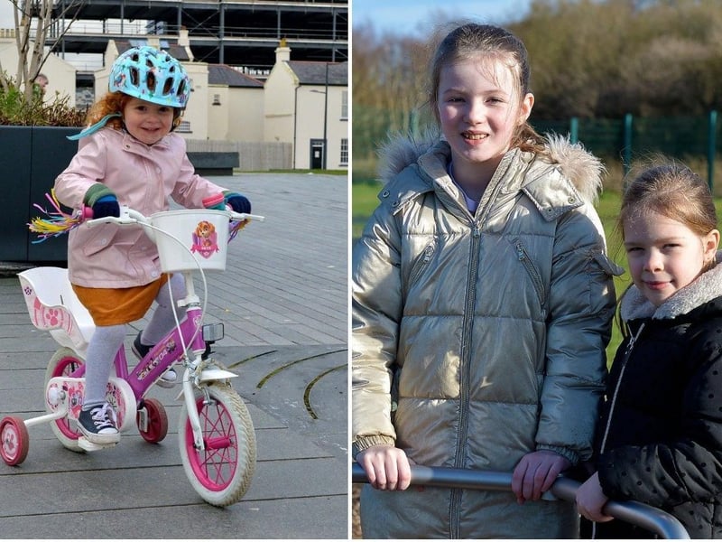 LEFT: Amber Rose McKinney pictured having fun in Ebrington Square at the weekend. Photo: George Sweeney / Derry Journal, DER2106GS-004 ; RIGHT: Katie Francis Lynott, aged 8, and Fiadh Morrison (6) were at the Ballyarrnet Country Park recently. DER2108GS – 012