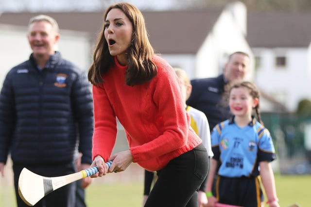 The Duchess of Cambridge tries hurling at Salthill Knocknacarra GAA Club in Galway /PA Wire