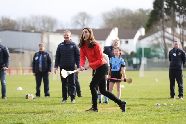The Duchess of Cambridge tries hurling at Salthill Knocknacarra GAA Club in Galway