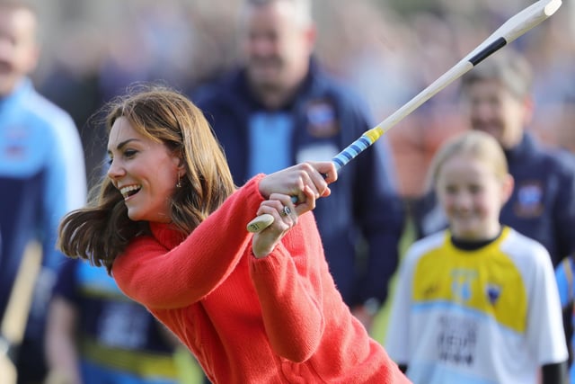 The Duchess of Cambridge tries her hand at Hurling as part of her visit to Salthill Knocknacarra GAA Club in Galway