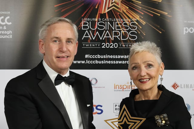 Marie Marin collected the Best New Business Award on behalf of winner HighRise from award sponsor Andrew Robinson of Lisburn Enterprise Organisation.
