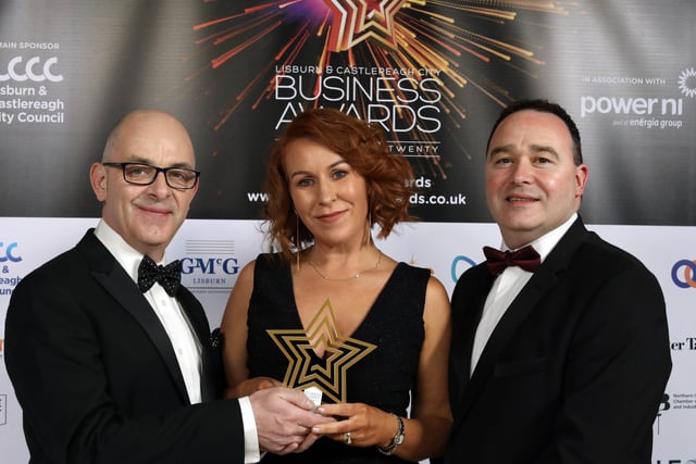 Dessie and Aisling MacDonnell collected the Business Growth Award on behalf of winner KME Steelworks Ltd from award sponsor Stephen Houston of GMcG Lisburn Chartered Accountants.