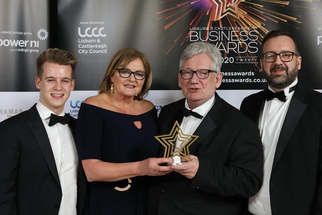 Adam Hewitt, Martin Symington and Robert Hewitt collected the Best Family Business Award on behalf of winner Pure Roast Coffee Ltd from award sponsor Pat Heaney of Plastec.