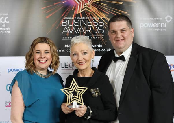 Sandra Bolan and Marie Marin collected the Best Social Enterprise Business Award on behalf of winner Employers for Childcare from award sponsor David Arthurs of Social Enterprise NI.