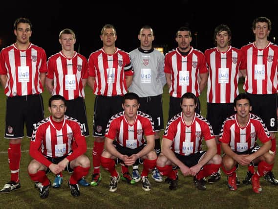 The Derry City team which started the club's opening SSE Airtricity First Division match against Cork City at Brandywell on March 2010.