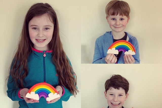 Ami (12), Ethan (10) and Jake (6) - Wallace and Brownlee PS pupils enjoying making rainbows whilst learning at home