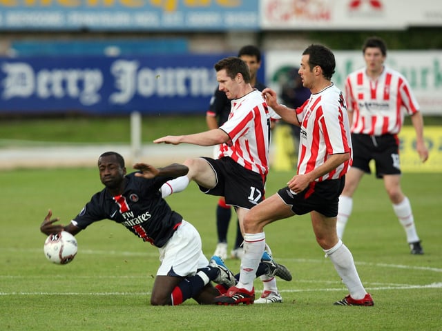 Having navigated their way past Gothenburg and Gretna, Derry met European giants, PSG at Brandywell. But the legendary French club were unable to find a way past a well organised City team who held them to a remarkable draw.