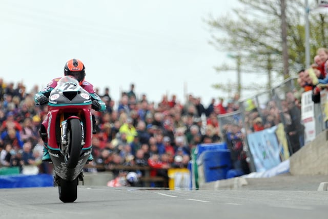 Dungannon man Ryan Farquhar in action on the McAdoo Kawasaki at the Cookstown 100 in 2008, where he won the Open and feature races.
