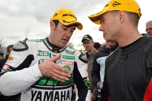 Martin Finnegan (left) and Keith Amot in conversation at the Cookstown 100 in 2008.