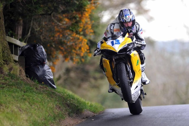 Adrian Archibald in action on the AMA Racing Suzuki at the Cookstown 100 in 2008.