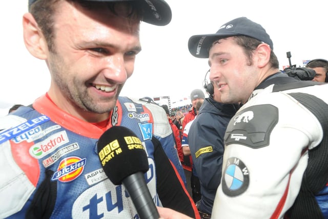 Superbike race winner William Dunlop is all smiles during his television interview after earning his first ever international success in the class at the North West 200.
