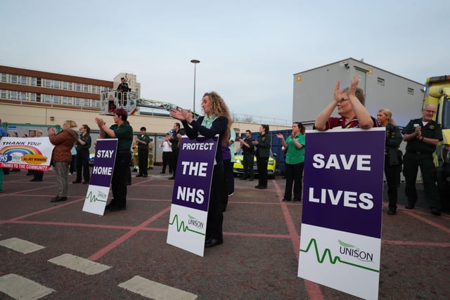 UNISON members and staff at Craigavon Hospital, Northern Ireland alongside colleagues in the NI Fire and Rescue Service, NI Ambulance Service and PSNI hold a short event at 8.00pm to recognise and acknowledge the public support during a Clap for Blue Light Services.