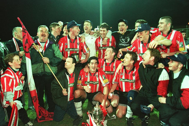 Derry City celebrate their 1997 League of Ireland title victory.