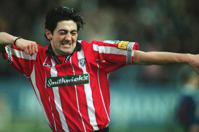 Derry City captain, Peter Hutton celebrates his goal which sealed the win over St Pat's.