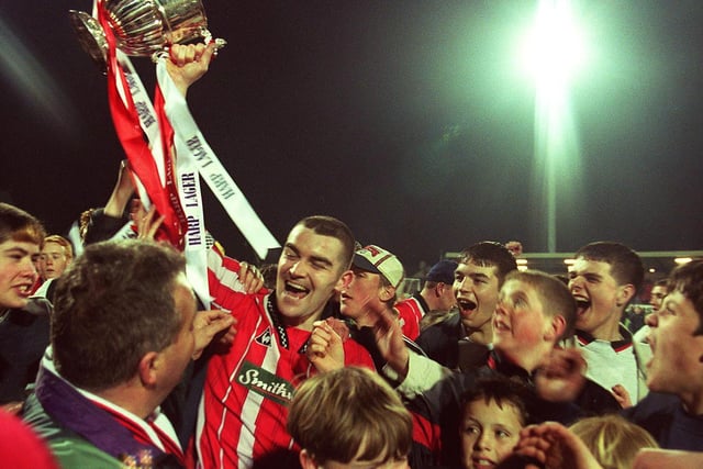 Derry City defender, Sean Hargan pictured with the League trophy at Brandywell 23 years ago.
