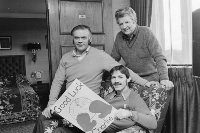 Charlie relaxing in his Glasgow hotel room ahead of the world title fight. With him are his corner men, Tommy Donnelly and John Daly.