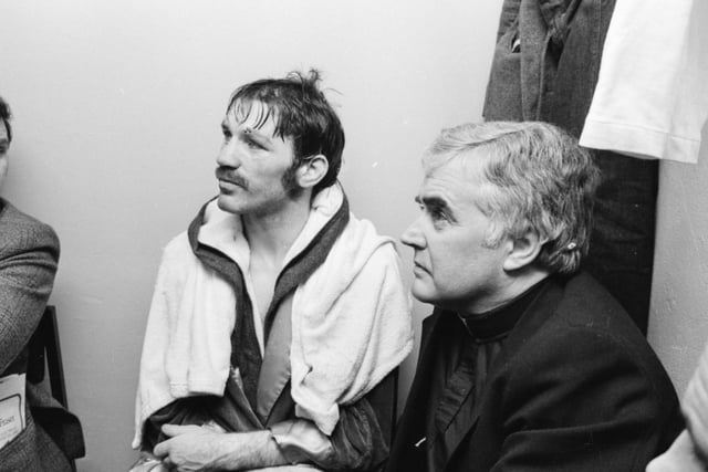 Charlie pictured in his dressing room after the fight with Creggan priest, Rev. George McLaughlin.