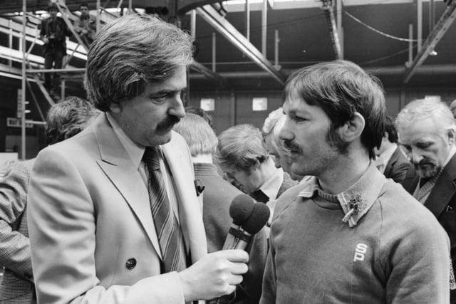 Charlie being interviewed by BBC Television presenter Des Lynam at the weigh-in at the Kelvin Hall.