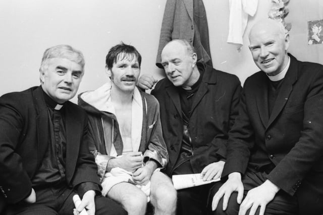 Charlie after the fight with Creggan parish priests, from left, Revs. George McLaughlin, Joe Carolan and Martin Rooney.