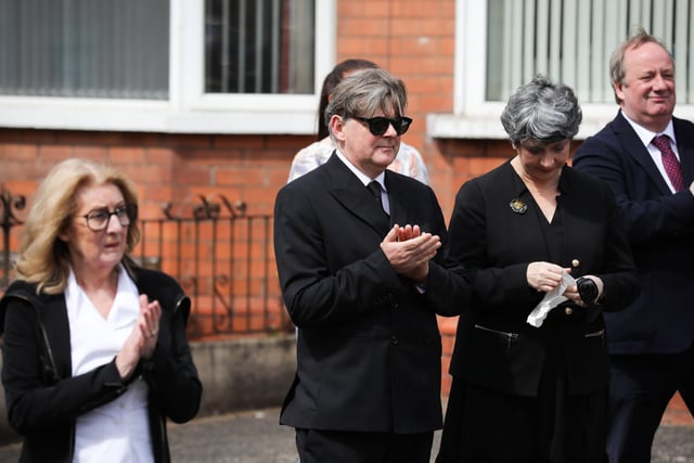 Family and friends including Michael McDowell and Damon Quinn pictured at the funeral of actor BJ Hogg in Lisburn, County Antrim