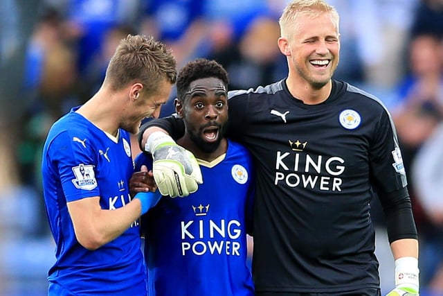 Jamie Vardy, Nathan Dyer and Kasper Schmeichel (left to right) celebrate victory over Aston Villa after being 2-0 down