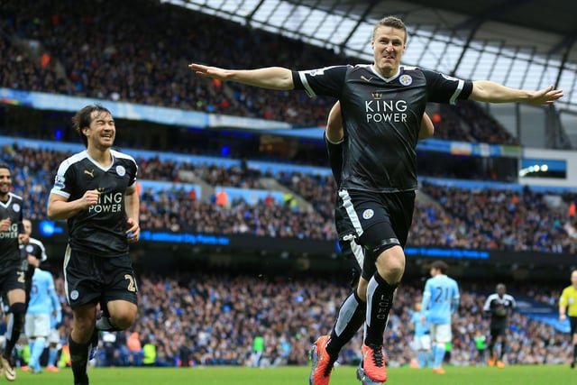 Robert Huth (right) celebrates scoring his side's third goal of the game against Manchester City