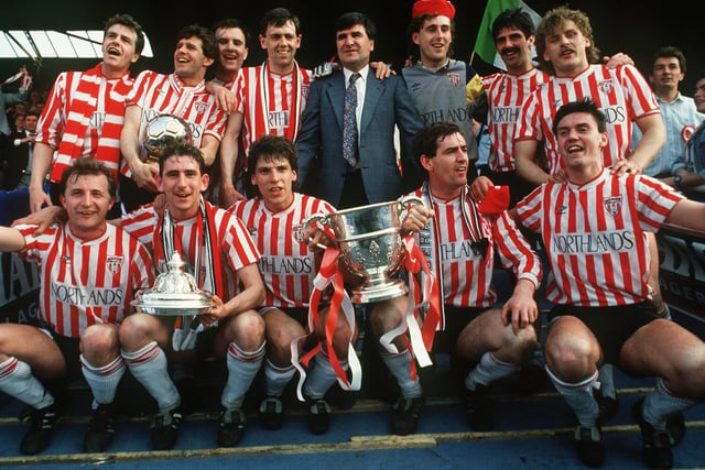 Derry City celebrate securing the FAI Cup and completing the treble in 1989.