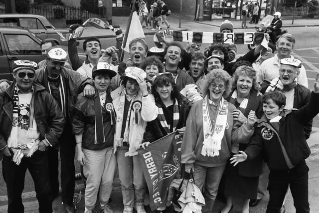 Derry City fans in jovial mood ahead of their FAI Cup Final encounter against Cork City, which took place at Dalymount Park, in 1989.