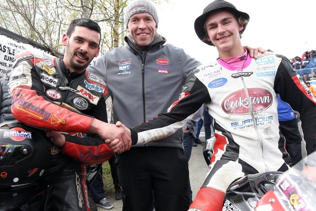 Derek Sheils and Malachi Mitchell-Thomas with Burrows Engineering Racing team owner John Burrows at the 2016 Cookstown 100.