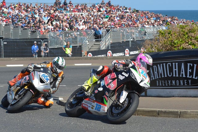 Peter Hickman chases after Malachi Mitchell-Thomas in the Supersport race at the North West 200.