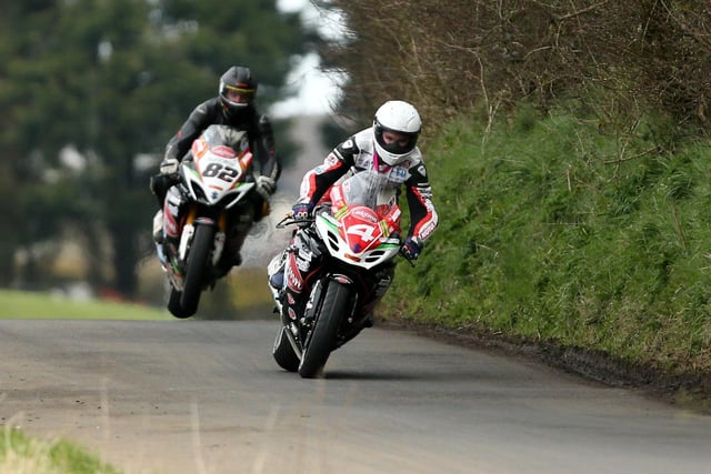 Malachi Mitchell-Thomas leads his Burrows Engineering Racing team-mate Derek Sheils in the Superbike class at the Mid Antrim 150 four years ago.