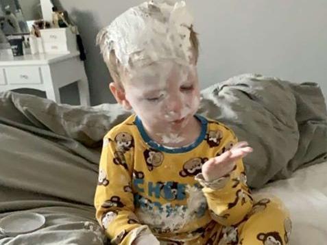 Angela ODonnell: "Best laugh I had in lockdown. My grandson Riley age 22 months covered in Sudocrem two mins after getting bathed.(thank God for technology during this too so I was able to see him.)