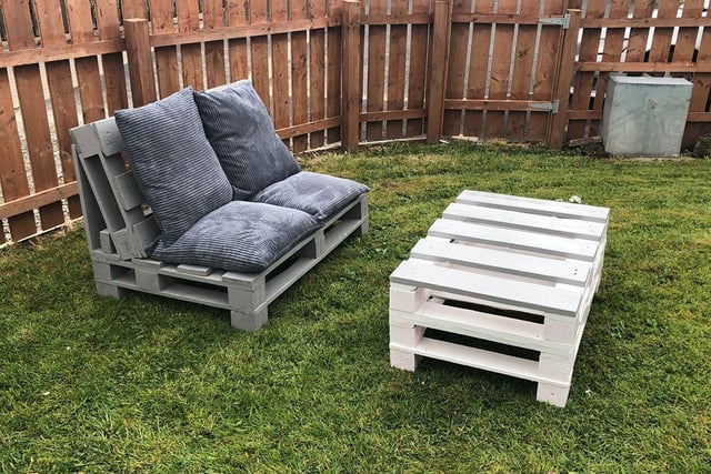 Jacqueline McColgan: "Our new patio set. Made out of pallets and everyone on the house helped paint them".