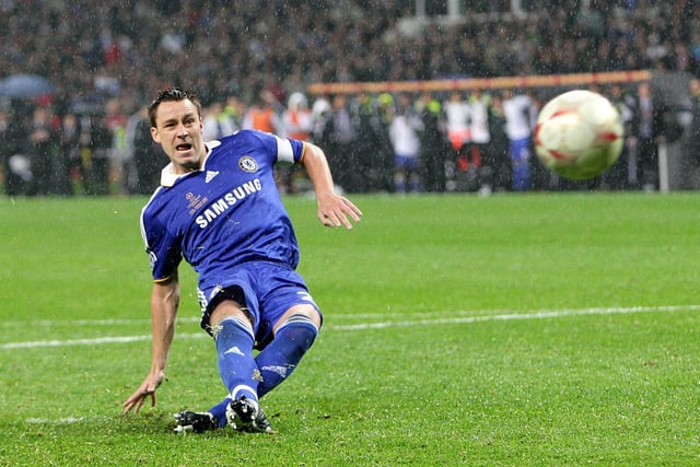 Chelsea's John Terry watches the ball as it strikes the post in the shootout