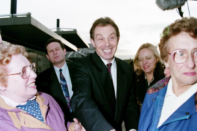 PACEMAKER PRESS BELFAST
16/12/1994
1454/94
Tony Blair, Labour Leader, at Westwood Centre, Kennedy Way, West Belfast, with Joe Hendron. Also on Shankill Road with Cecil Walker, MP, and Jim Rodgers, Councillor.