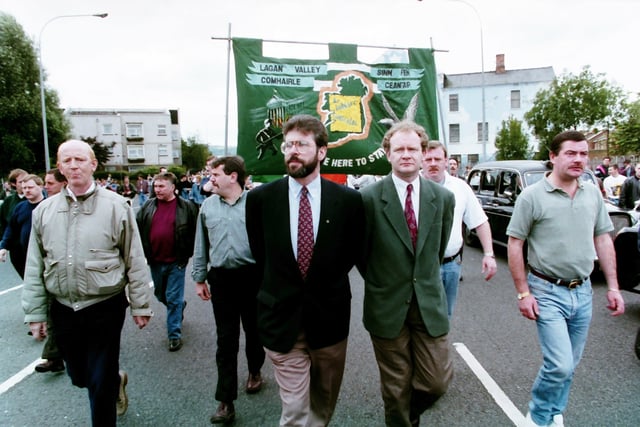 PACEMAKER PRESS BELFAST
14/8/1994
1497/94
Sinn Fein march to Belfast City Hall re. 25th anniversary of troops in Ulster. Gerry Adams and Martin McGuinness pictured.