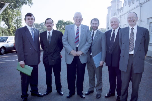 PACEMAKER PRESS 10/10/1994
829/94
Trade Union officials at Gallhers tobacco factory, Ballymena, pictured with North Antrim MP, Dr Ian Paisley, at their annual pre-budget meeting with NIO officials at Stormont Castle today. Included are John Wilson, Rodney Stewart, Pat McCallion, Erwin Armstrong and Liam McLean.