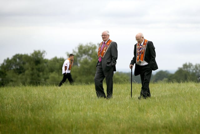Wilfie Benson and William Gilmore of Maghaberry LOL 86

Hundreds of Orange men and women paraded in Aghalee for the South Antrim Combine demonstration.  Seven districts took place with around 30 bands present.