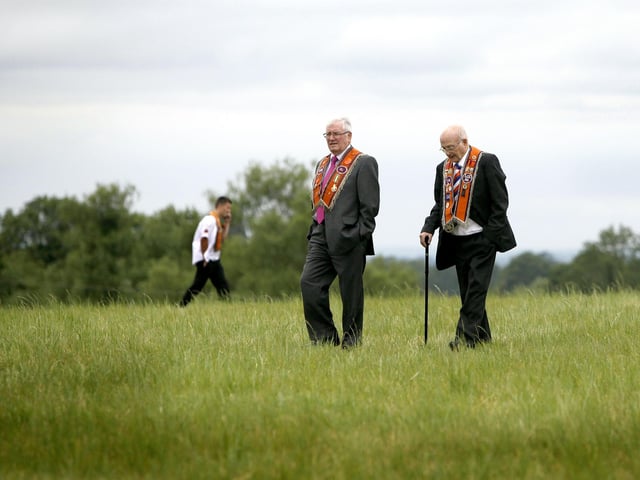Wilfie Benson and William Gilmore of Maghaberry LOL 86Hundreds of Orange men and women paraded in Aghalee for the South Antrim Combine demonstration.  Seven districts took place with around 30 bands present.