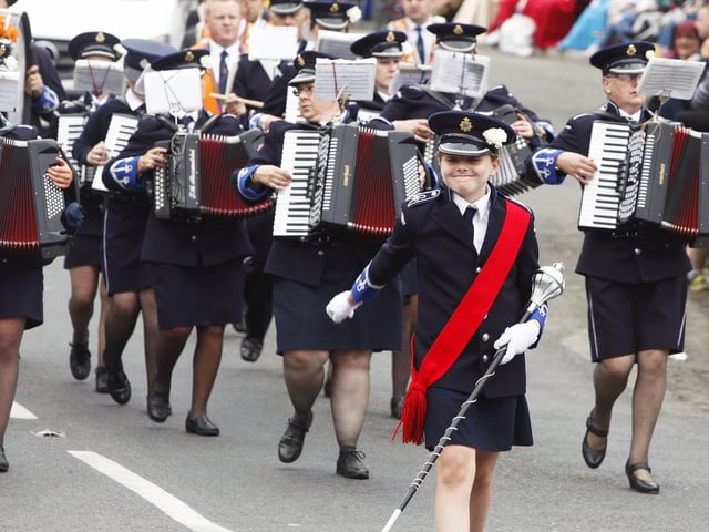Bursting with pride, leading Pride of Glenavy Accordian Band.
Hundreds of Orange men and women paraded in Aghalee for the South Antrim Combine demonstration. Seven districts took place with around 30 bands present.