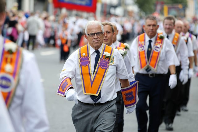 Press Eye - Belfast - Northern Ireland - 12th July 2018   Members of the Mill Street Heroes Orange Lodge on parade at the North Down 'Twelfth' celebrations in Newtownards town centre, County Down.  Photo by Kelvin Boyes / Press Eye.