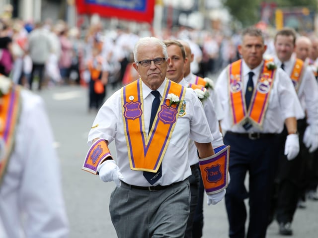 Press Eye - Belfast - Northern Ireland - 12th July 2018 Members of the Mill Street Heroes Orange Lodge on parade at the North Down 'Twelfth' celebrations in Newtownards town centre, County Down. Photo by Kelvin Boyes / Press Eye.